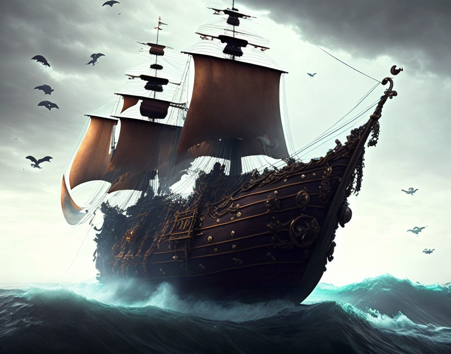 Elaborately decorated old sailing ship in stormy seas surrounded by birds