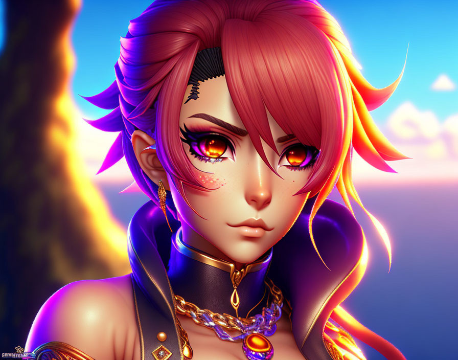 Pink-Haired Female Character with Golden Eyes and Jewelry on Fiery Blue Background