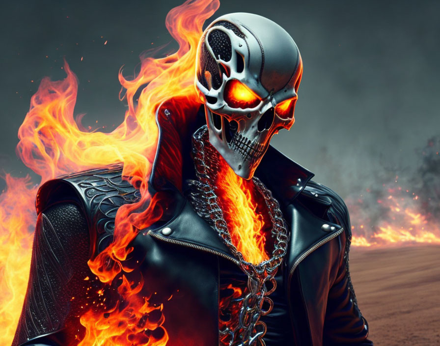 Flaming skull with glowing eyes in leather jacket amidst smoke