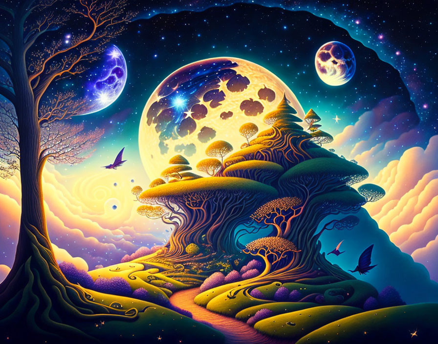 Colorful Trees and Planets in Whimsical Landscape Art