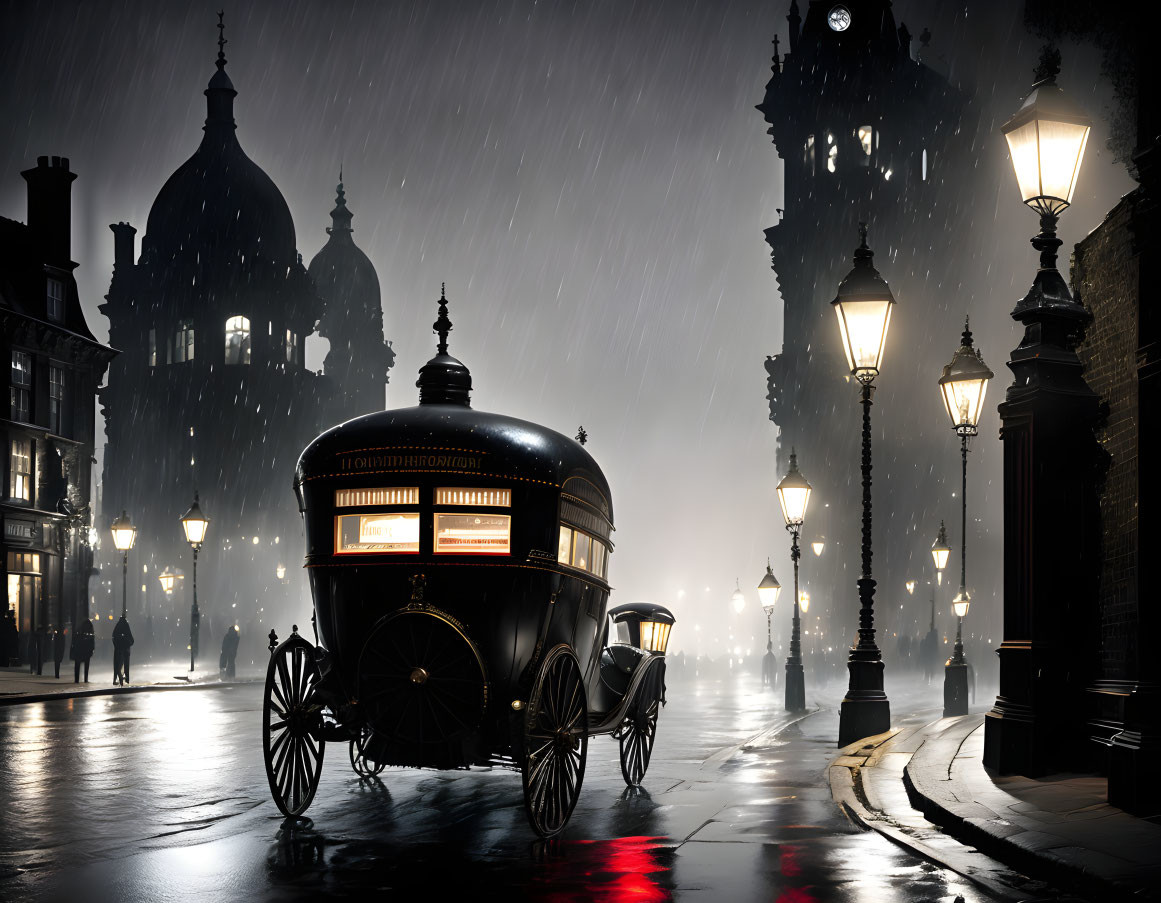 Historic scene: vintage carriage on rain-soaked street at night