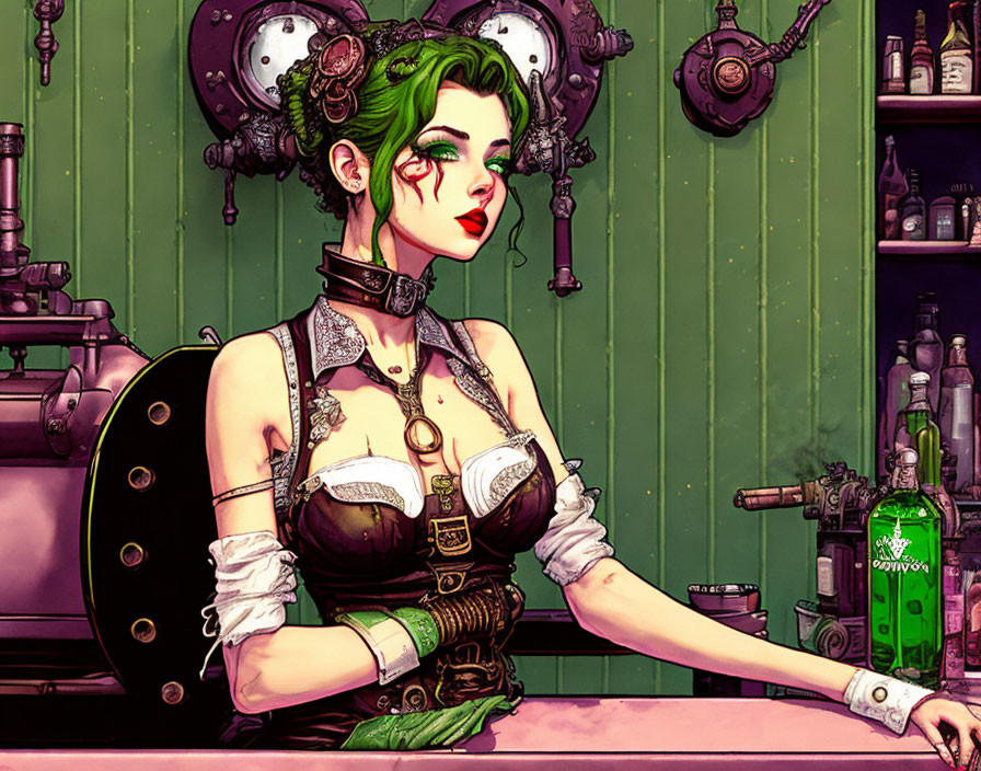 Steampunk-themed woman with green hair in corset at retro-futuristic bar