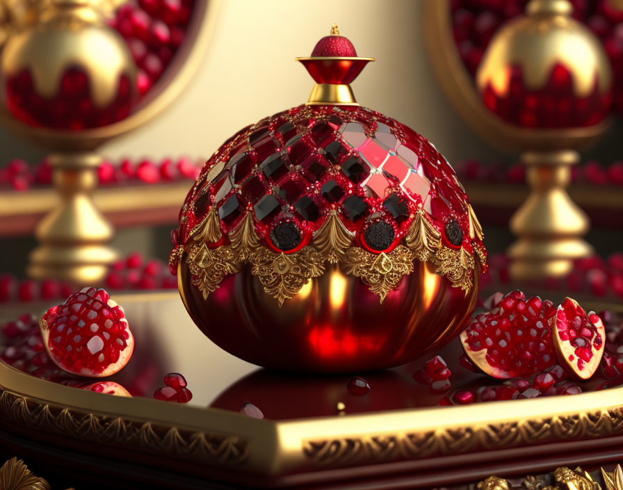 Red and Gold Jeweled Pomegranate Sphere on Reflective Surface