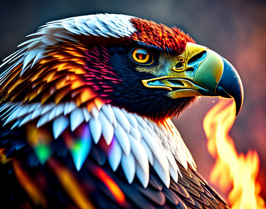 Colorful Eagle Close-Up Against Fiery Background