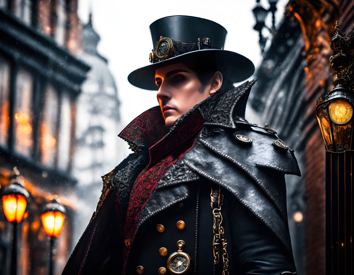 Elaborate Steampunk Attire with Top Hat and Goggles on Snowy Street