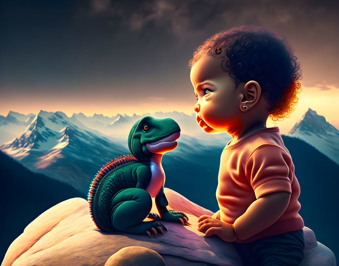 Baby and cartoon dinosaur on rock at sunset with mountains.