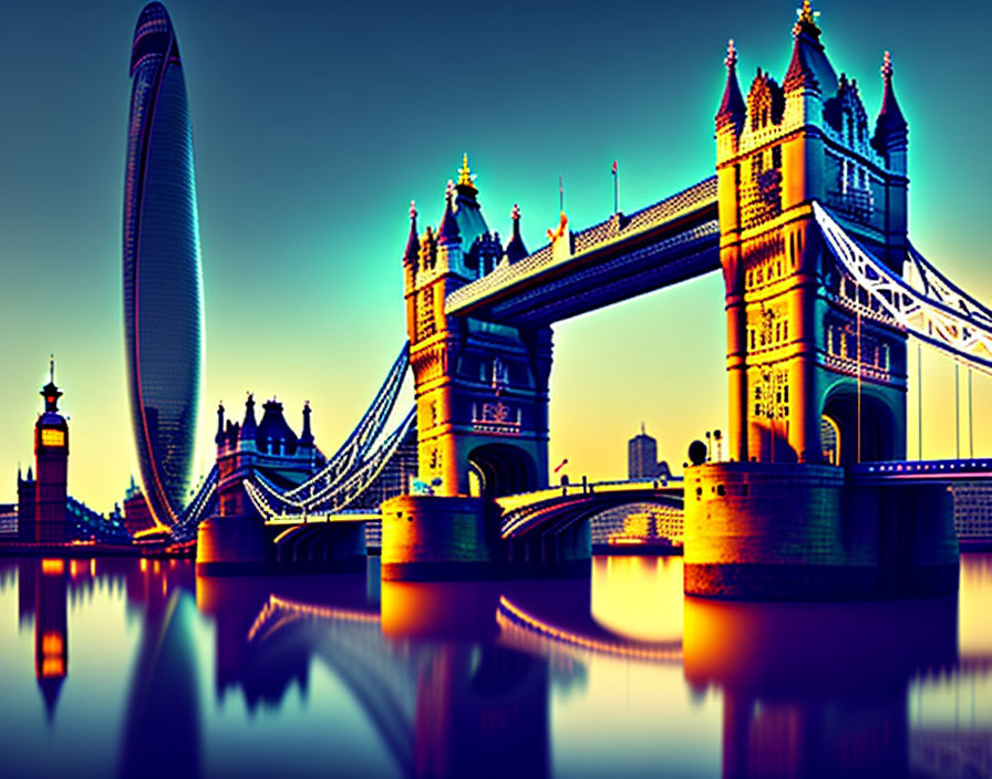 Vibrant Tower Bridge and Twisted Skyscraper at Dusk