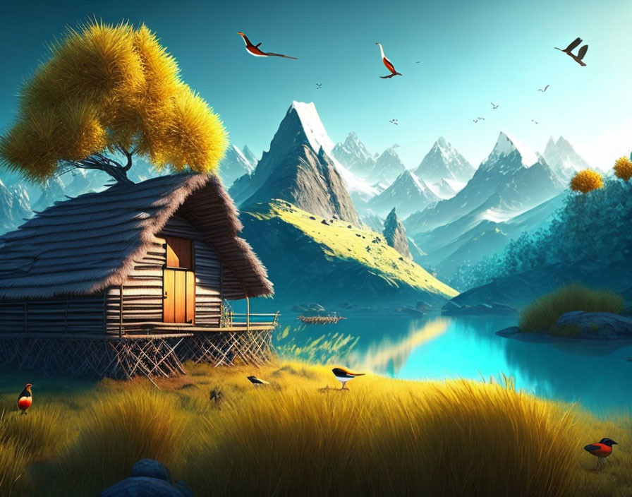 Tranquil landscape with wooden cabin, lake, birds, mountains