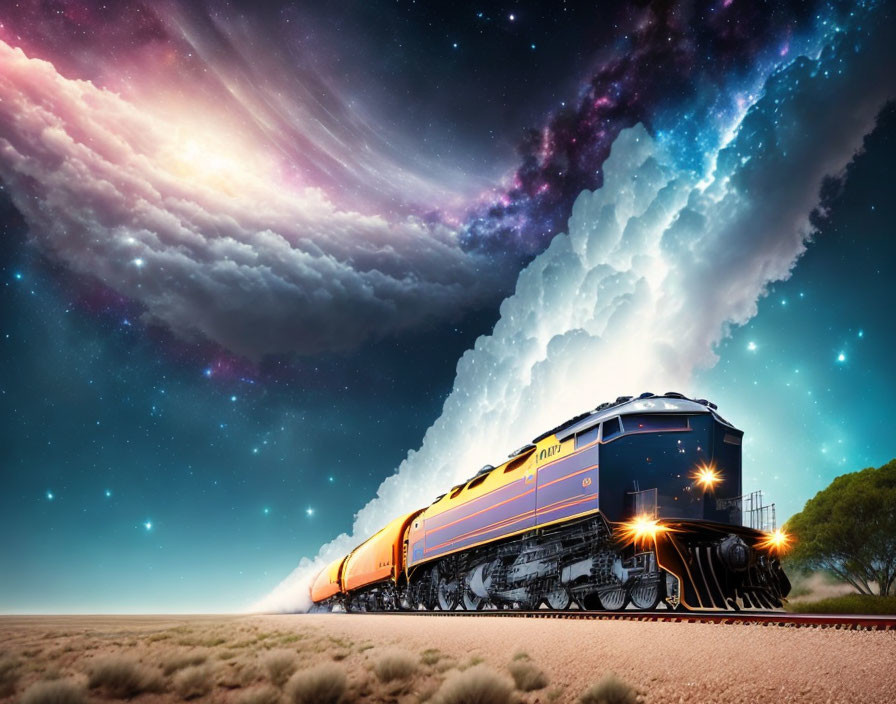 Vintage train travels under colorful dusk sky with cosmic clouds.