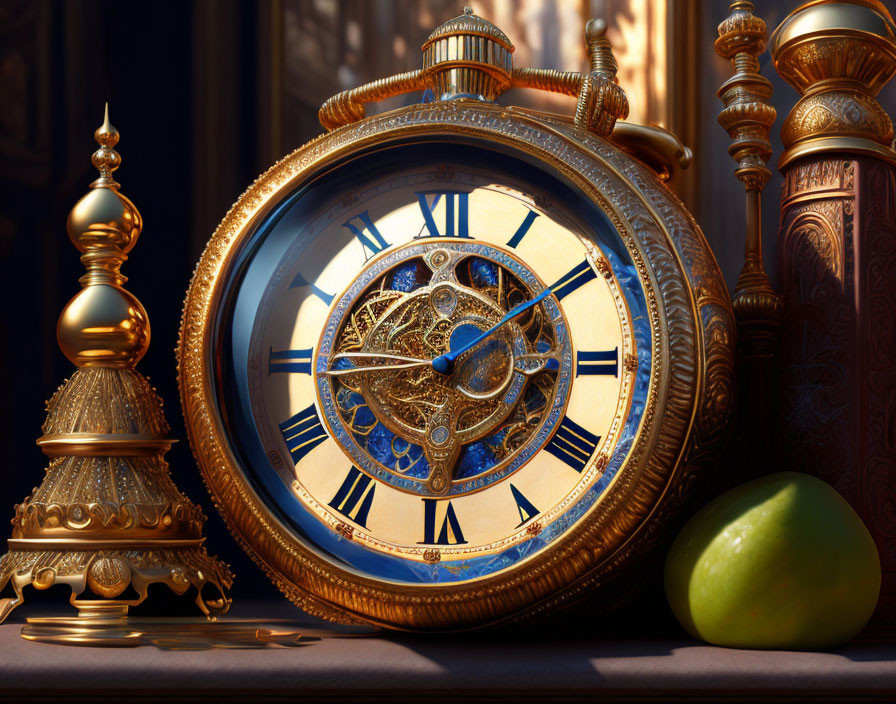 Luxurious Pocket Watch with Roman Numerals and Green Apple in Elegant Setting