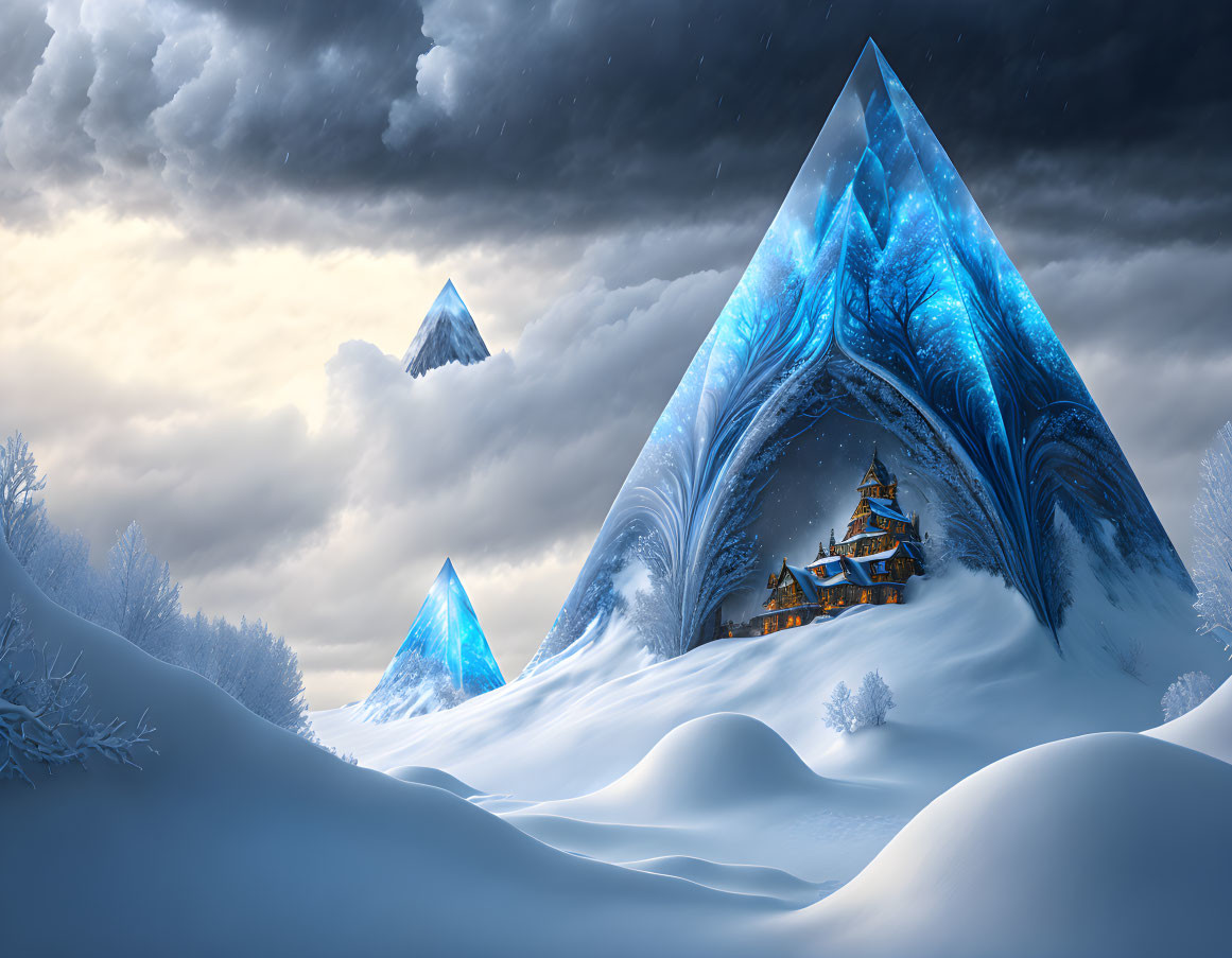 Luminous crystal-blue mountains and cozy illuminated pagoda in snowy winter scene