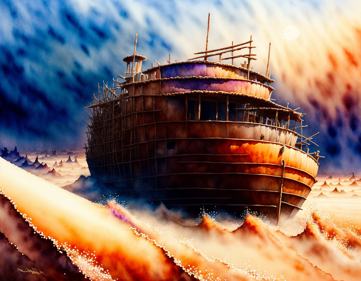 Detailed watercolor painting of an ark-like ship being built under a dramatic sky at sunset.