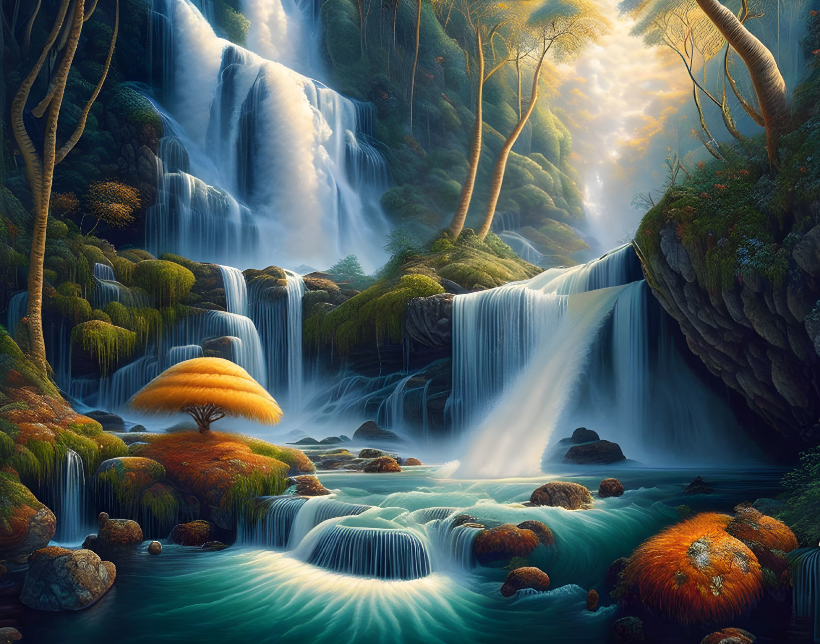 Tranquil waterfall in lush, glowing forest landscape