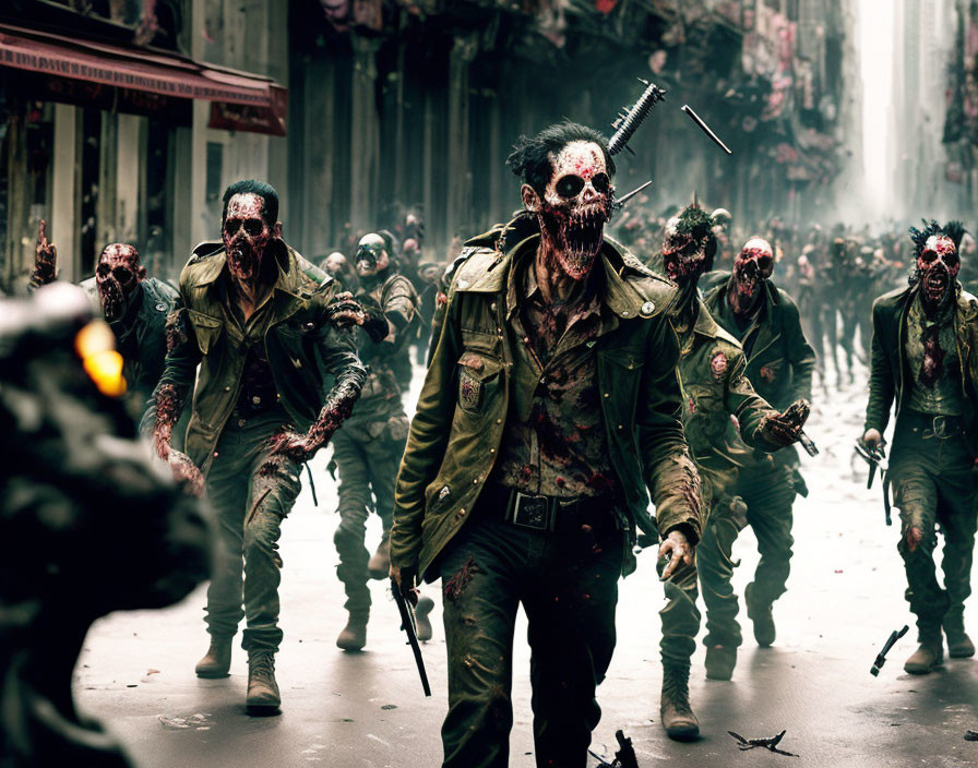 Zombies in Tattered Military Uniforms Walk Through Devastated City Street