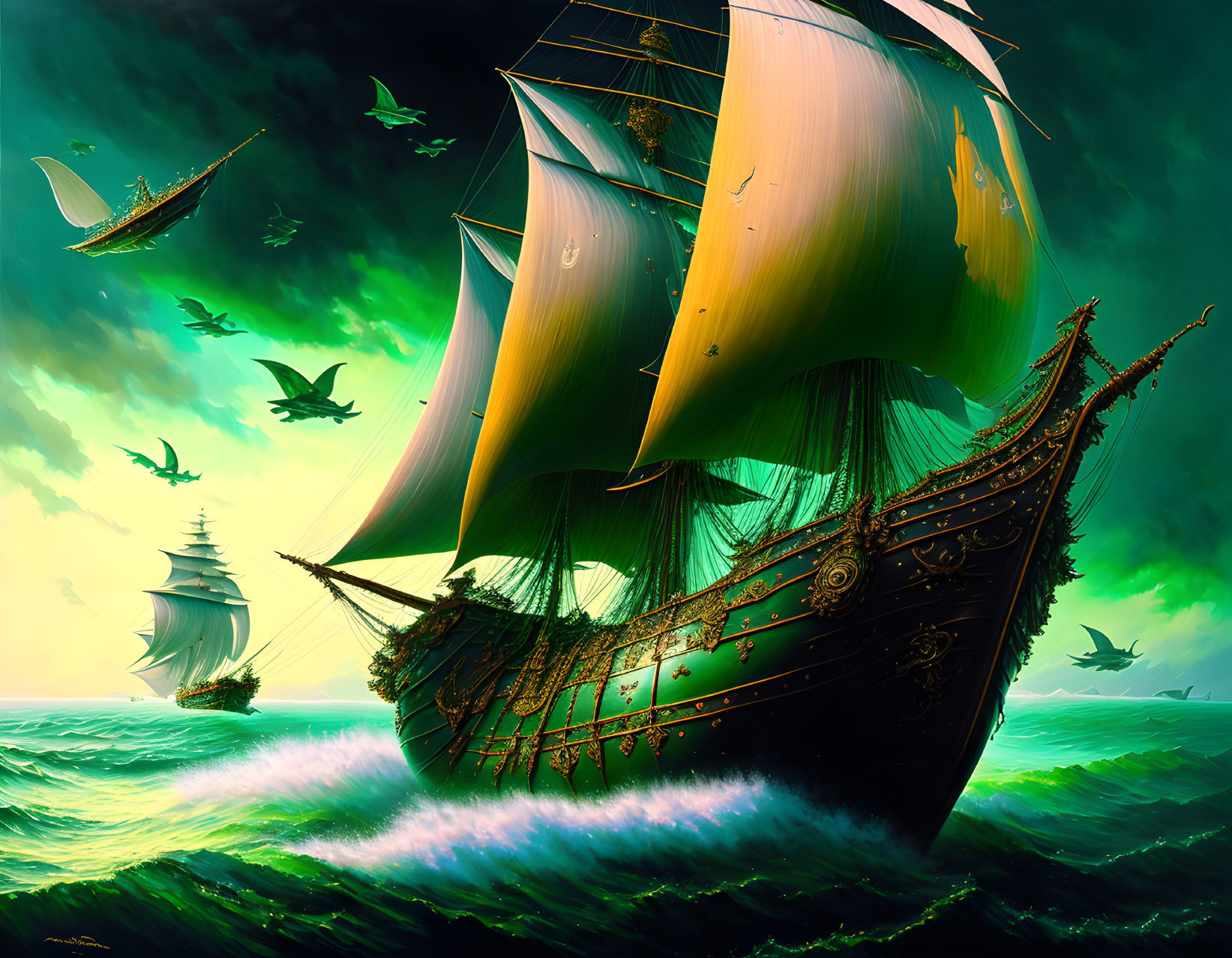 Digital art: Majestic ships sailing turbulent teal seas under green sky