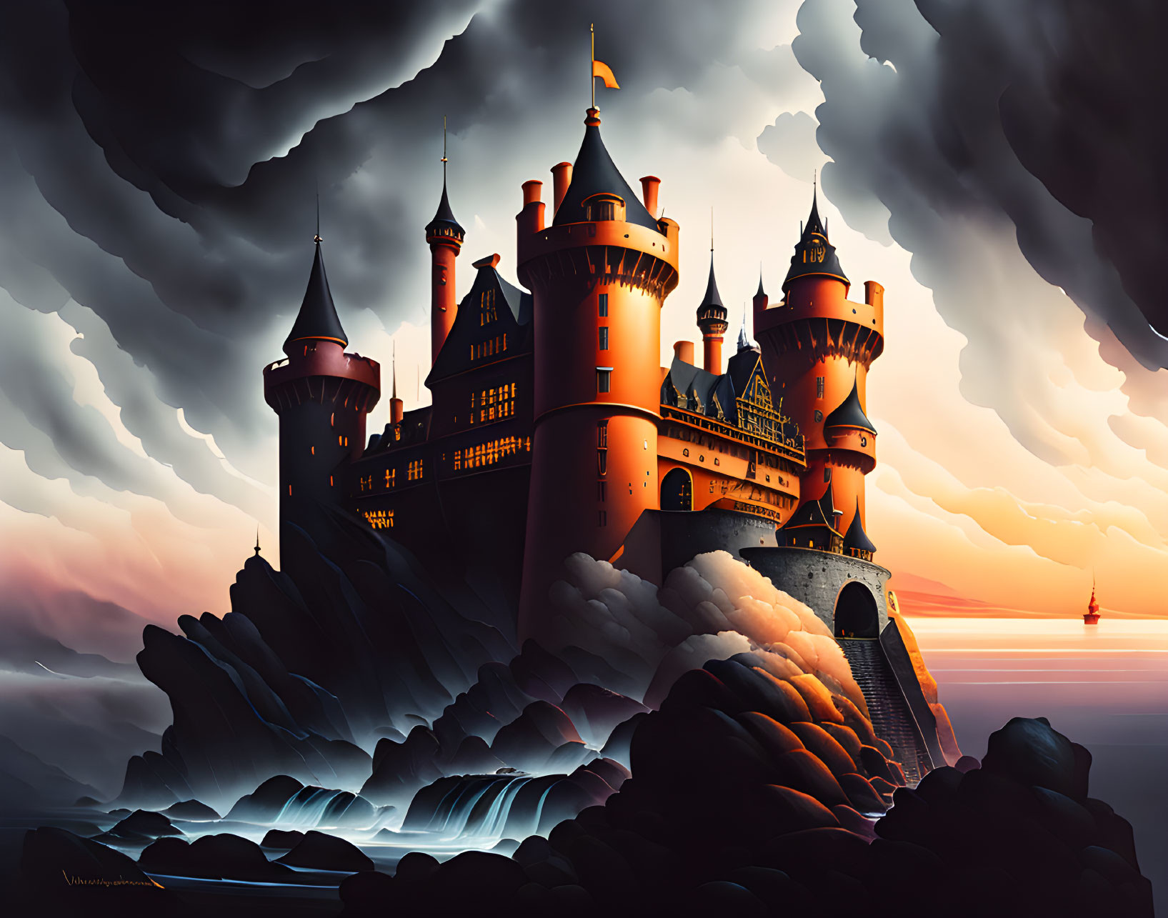 Castle with Orange Spires on Dark Cliffs at Sunset