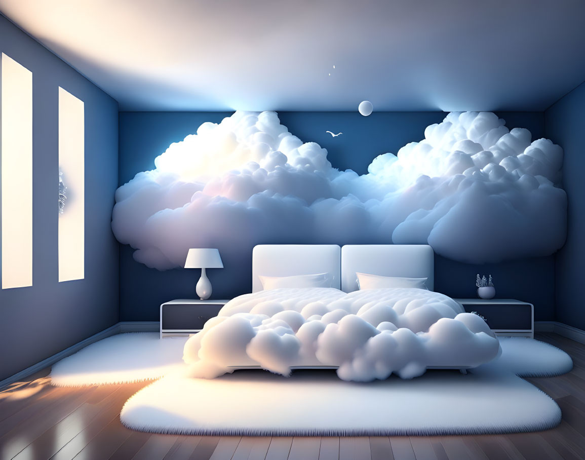 Surreal bedroom with cloud-themed decor and white double bed