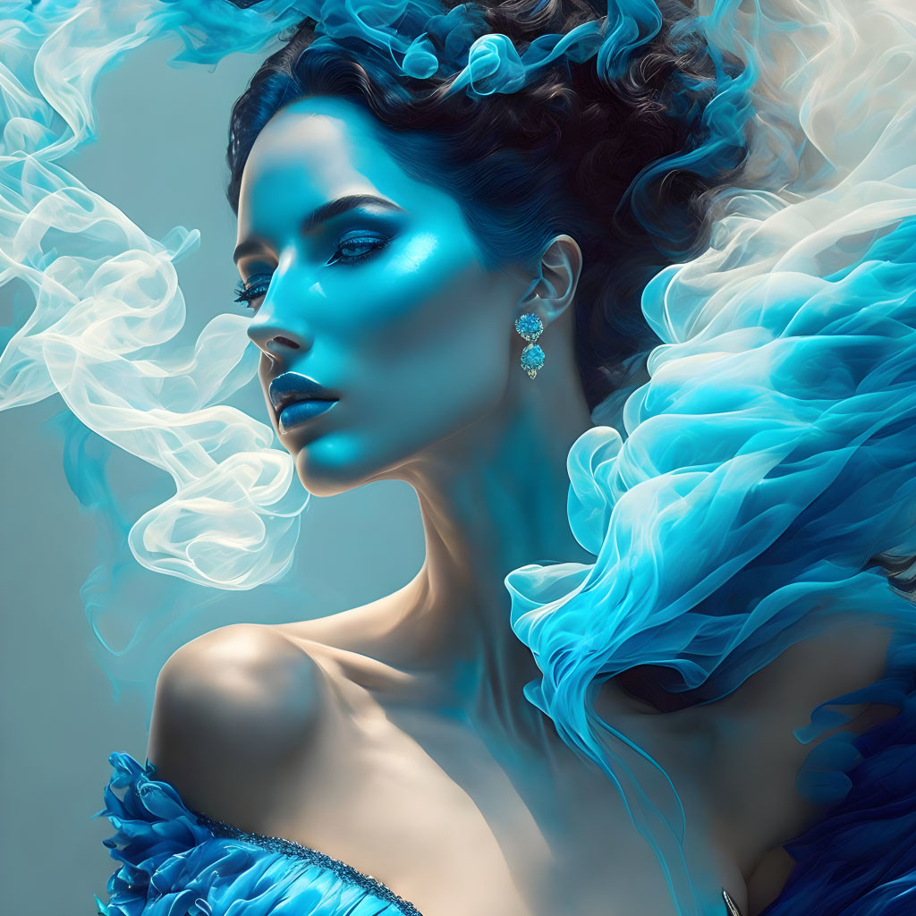 Woman with vibrant blue makeup and flowing hair in ethereal blue smoke