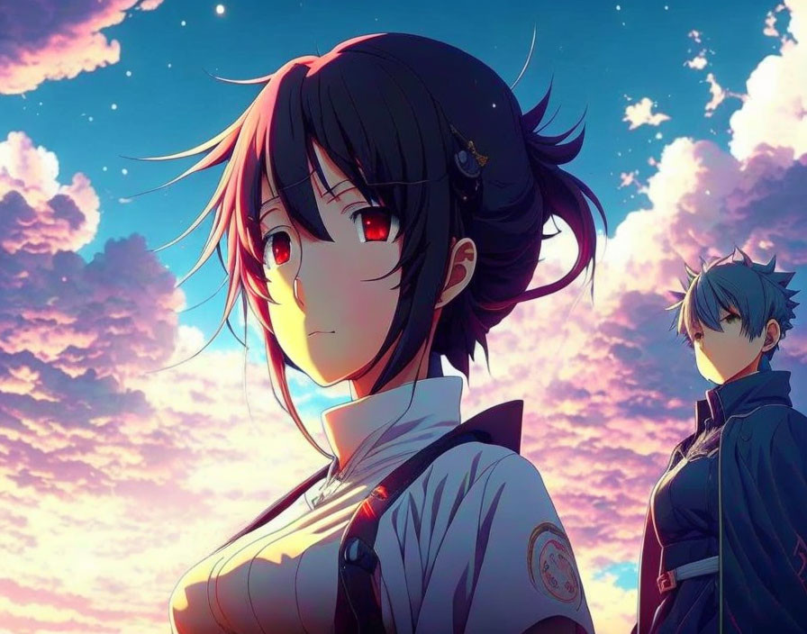 Anime characters under sunset sky: girl with red eyes in foreground, boy in background.