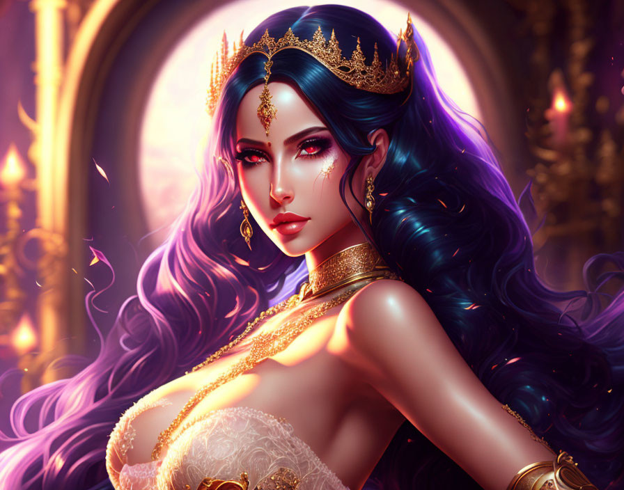 Fantasy queen with blue hair and golden crown in ornate setting