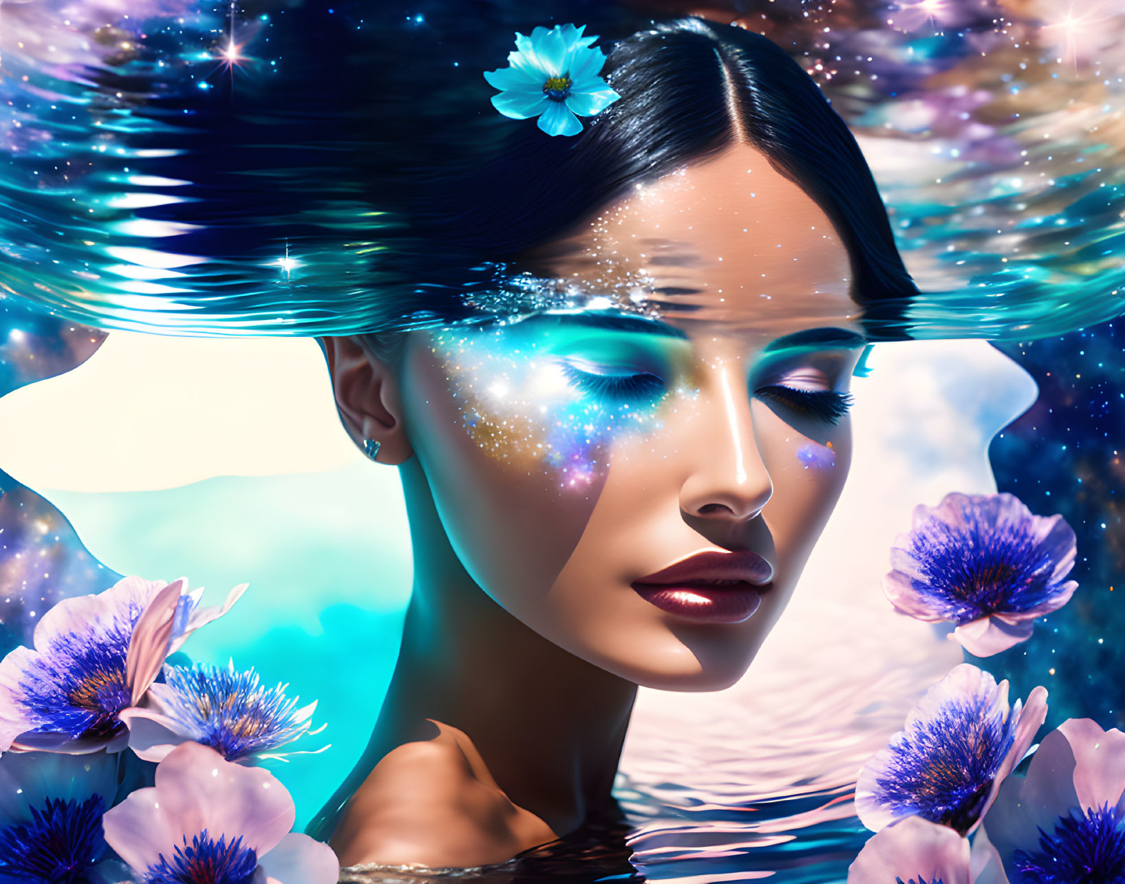 Surreal portrait of woman with cosmic flowers and water on celestial backdrop