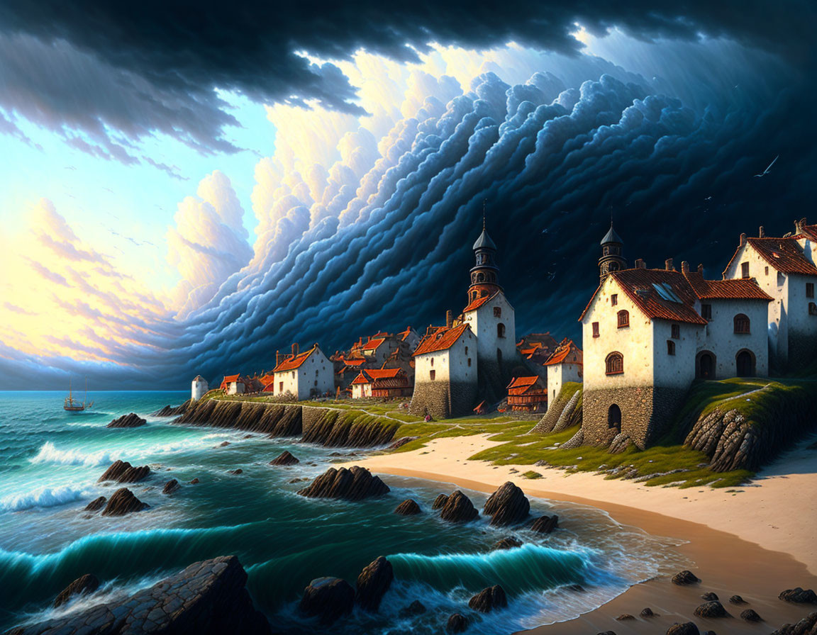 Medieval coastal village under storm clouds with sandy beach