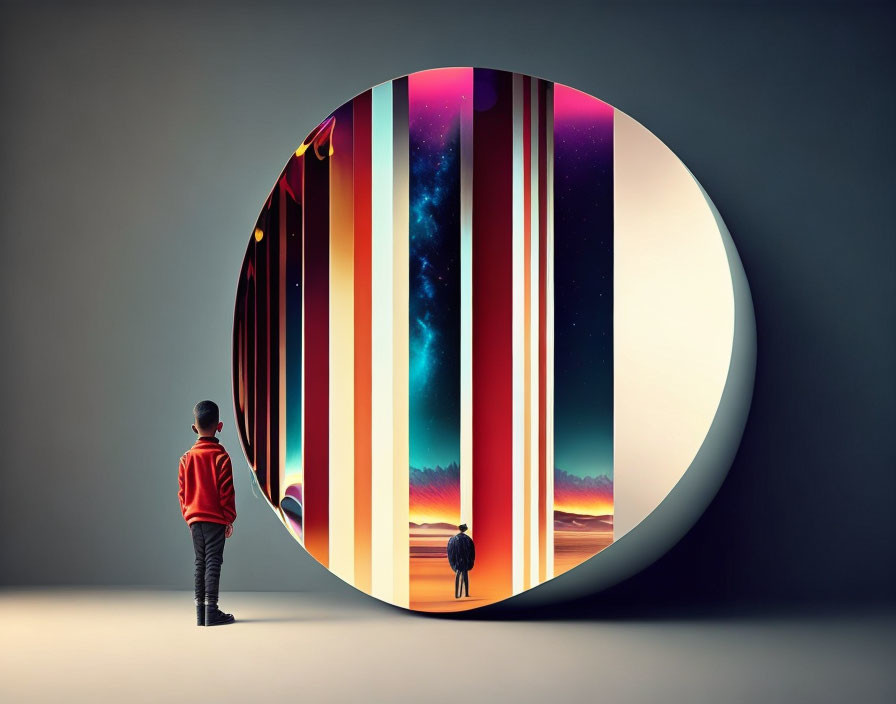 Vibrant circular portal reveals colorful parallel universe