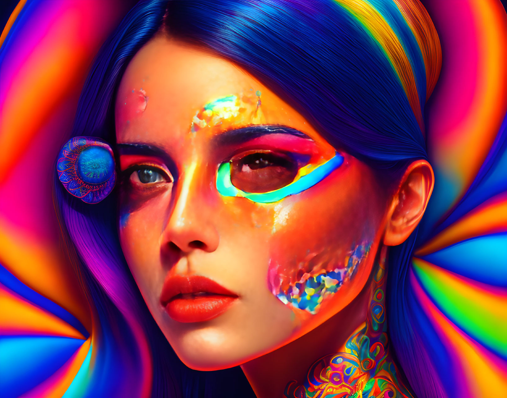 Colorful Portrait of Woman with Painted Face and Psychedelic Background