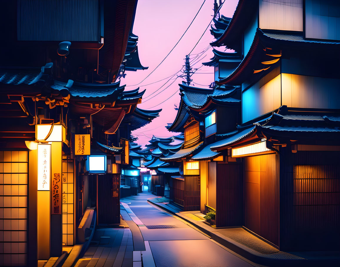 Traditional Japanese street with pagoda-style buildings and glowing lanterns at twilight