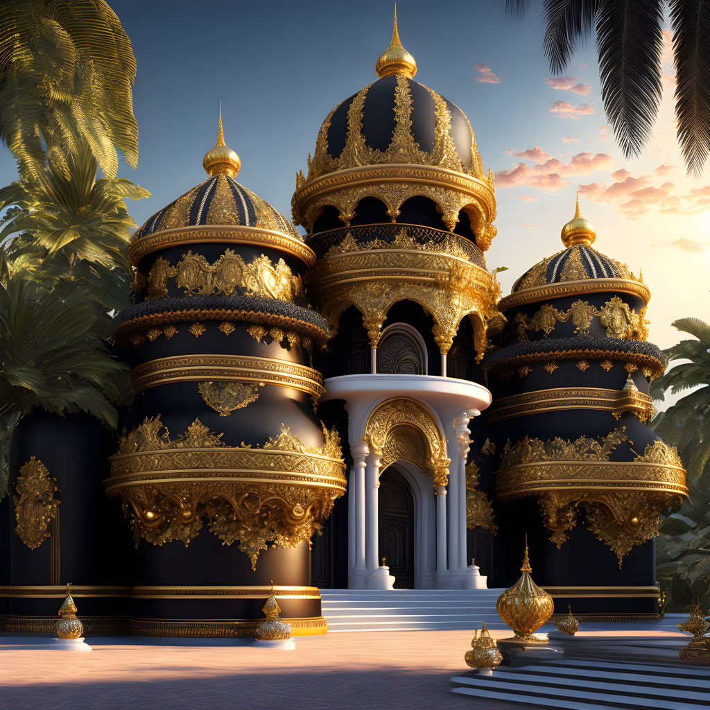 Ornate Black and Gold Palace with Domes and Palm Trees at Twilight