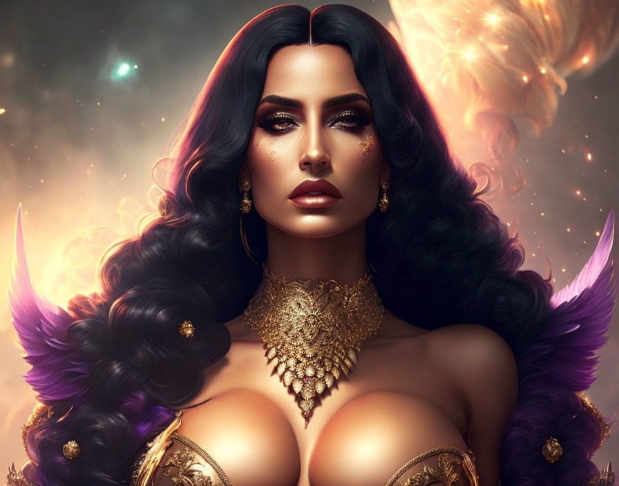 Dark-haired woman in gold and purple attire against cosmic backdrop with flames and stars.