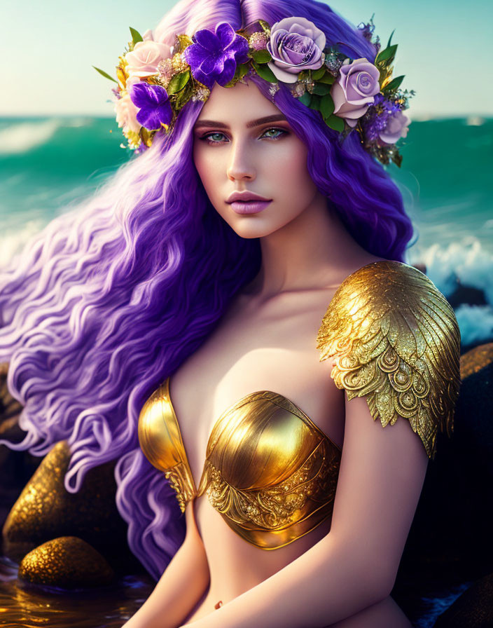 Woman with purple hair in golden armor and flower crown by the seaside.
