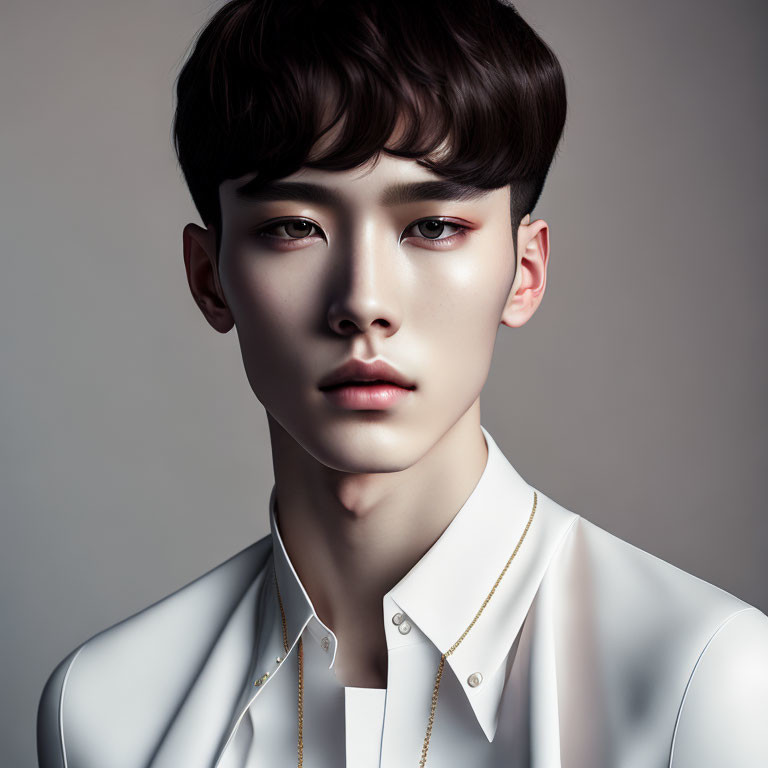 Portrait of young man with fair skin, dark hair, in white shirt with gold necklaces