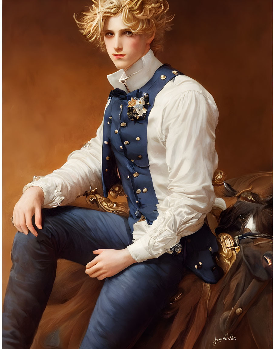 Blond Curly-Haired Person in Historical Attire Riding Horse
