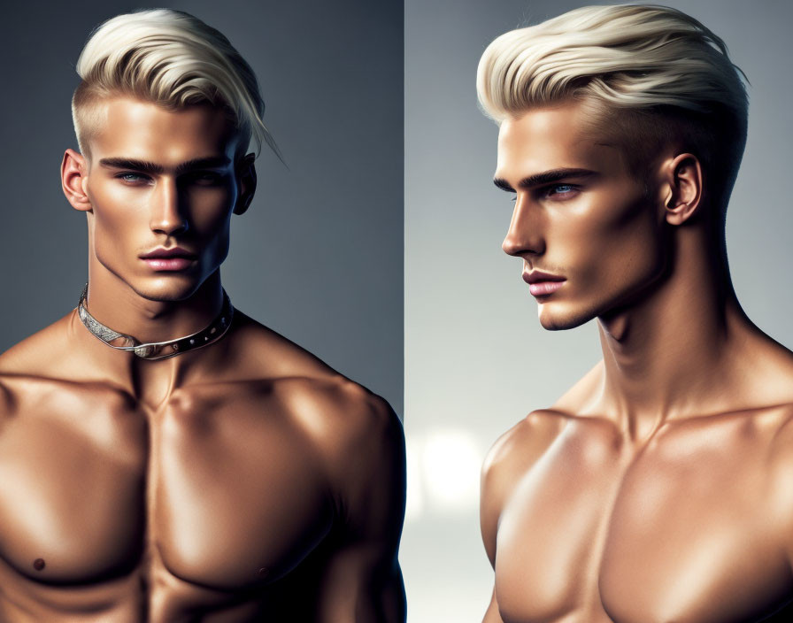 Male figure with platinum blonde hair in choker, dual profile angles