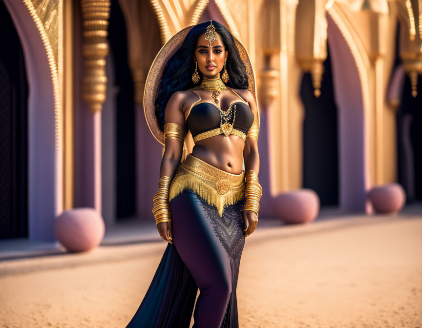 Woman in Golden and Purple Belly Dancer Costume Poses in Front of Palatial Backdrop