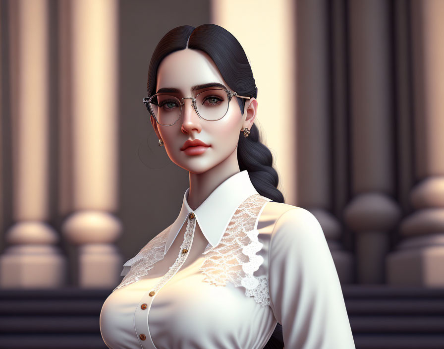 3D Rendered Image of Woman with Braid, Glasses, and White Blouse