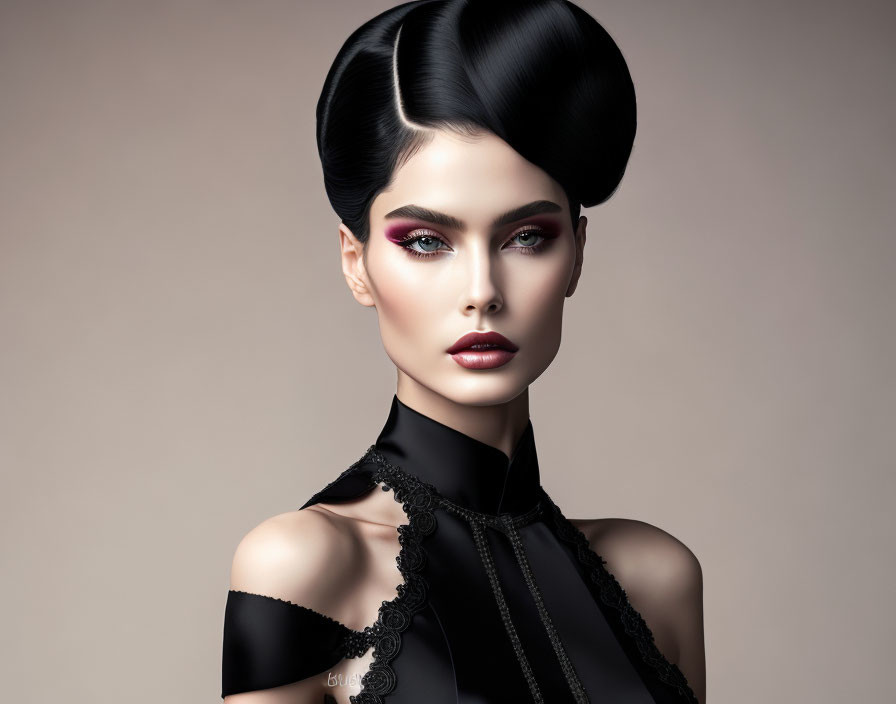 Bold Updo Hairstyle and Dramatic Makeup on Model in Black Outfit