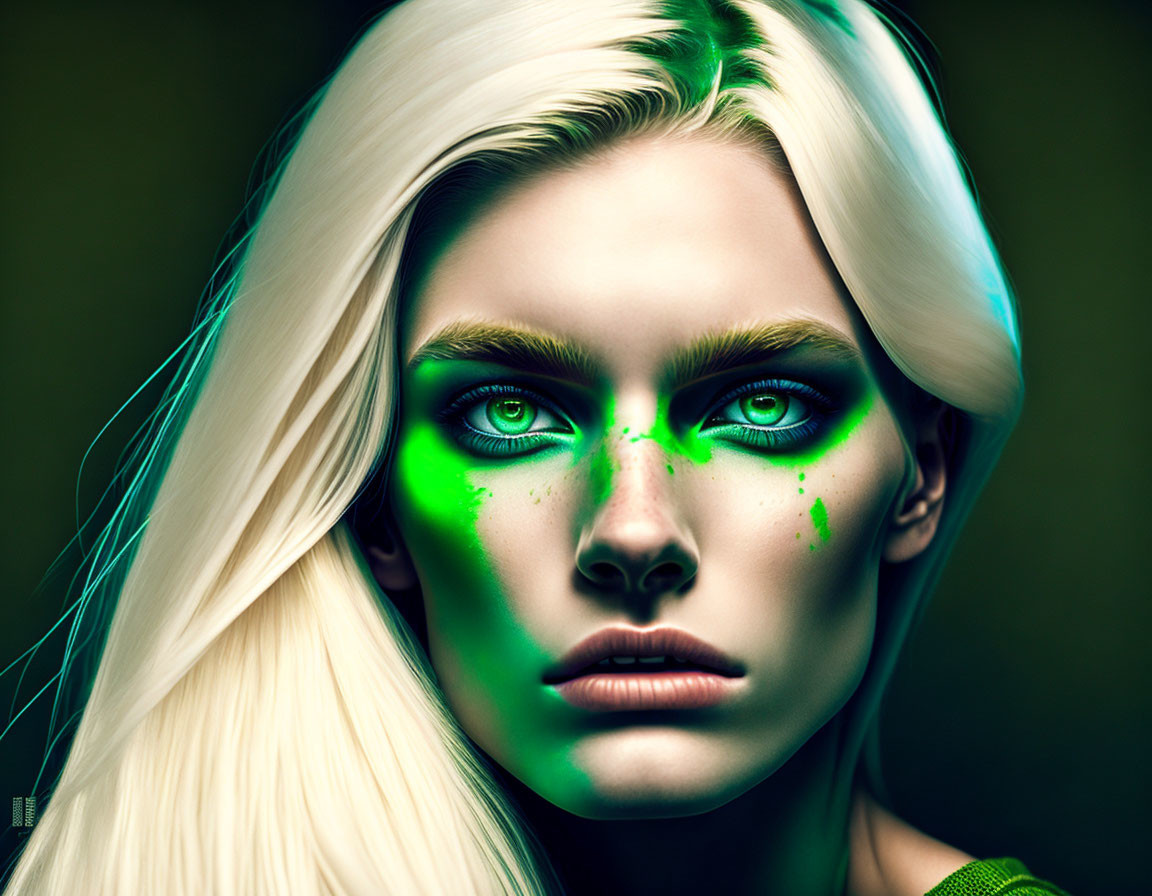 Portrait of woman with green neon makeup and platinum blonde hair on dark background