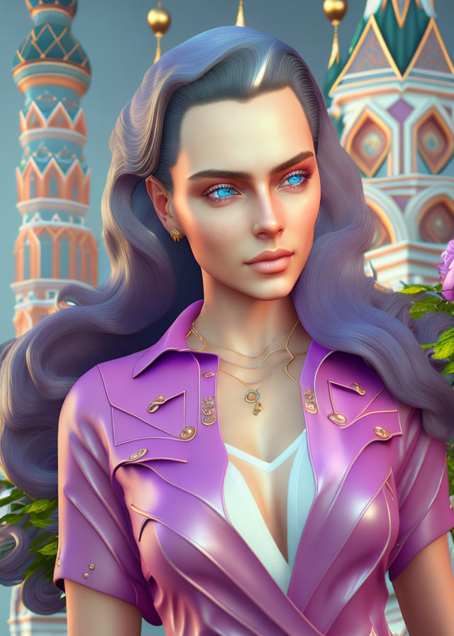 Digital illustration: Woman with blue eyes, purple hair, pink jacket, white top, blurred cathedral background