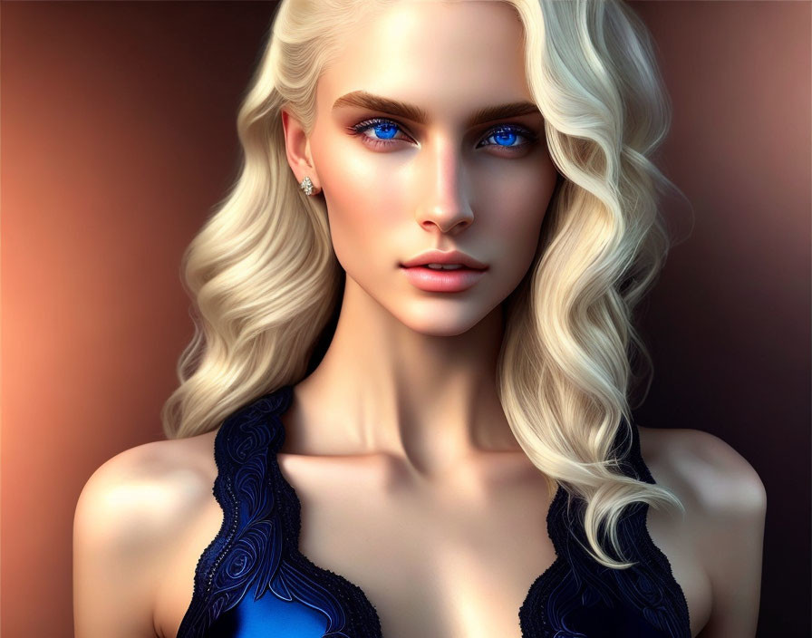 Digital artwork: Woman with blue eyes, blonde hair, and intricate blue top
