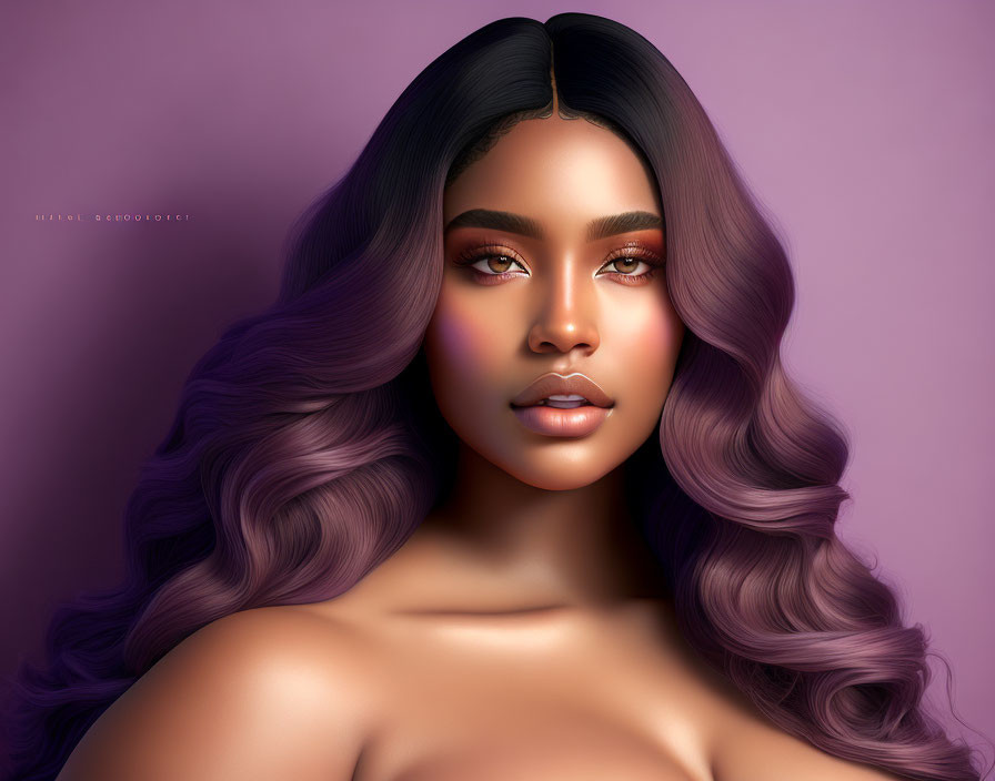 Digital artwork featuring woman with flawless skin, striking eyes, and long wavy purple hair on purple background