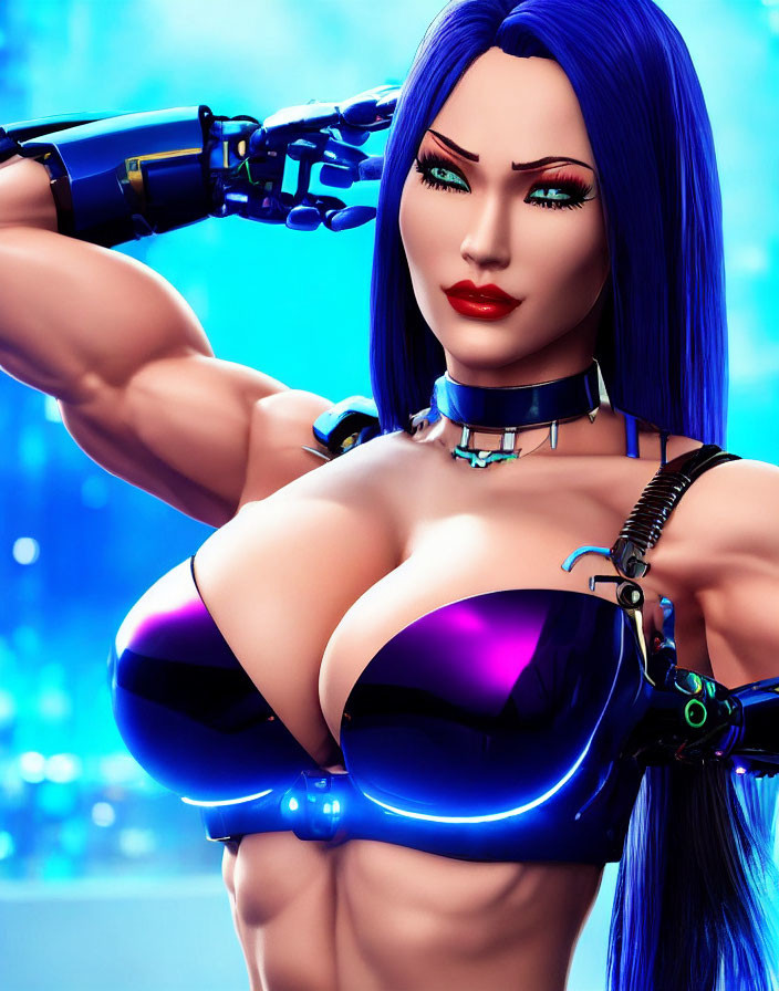 Female cyborg with blue-black hair and metallic limbs in futuristic attire on blue background