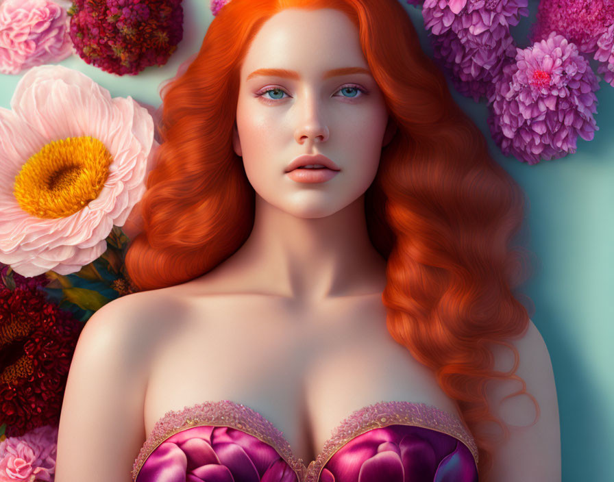 Digital Artwork: Woman with Red Hair and Colorful Flowers