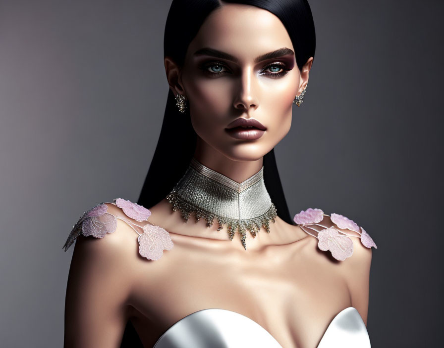 Digital art of a woman with dark hair, blue eyes, makeup, choker, and floral shoulder