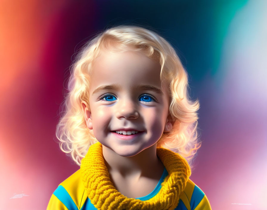 Smiling child with blond curly hair in digital portrait