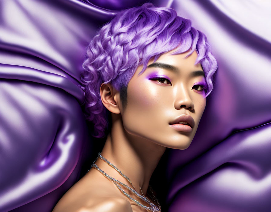 Purple-haired person with eyeshadow against flowing satin fabric in similar hue