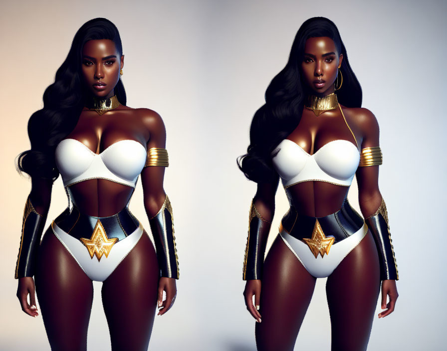 Twin superheroine images in white and gold costume on gradient backdrop