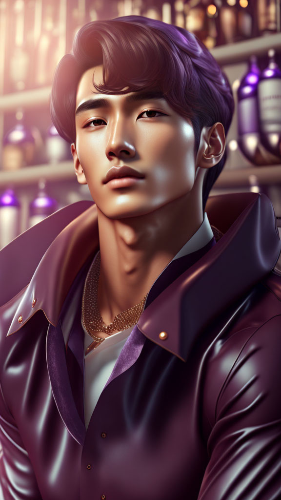 Digital portrait of man in purple jacket and gold necklace against bottles on shelves