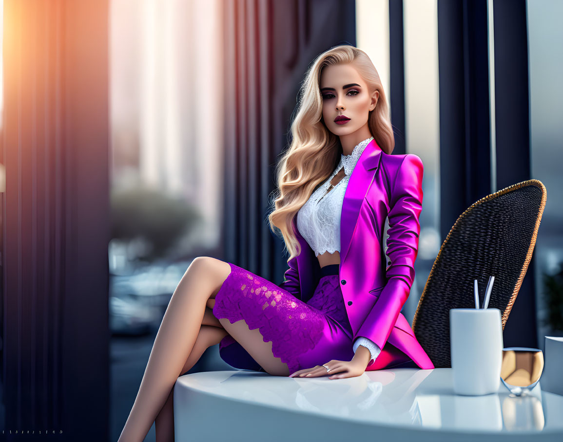 Woman in Pink Blazer and Purple Lace Skirt at Café Terrace with Urban Street Background